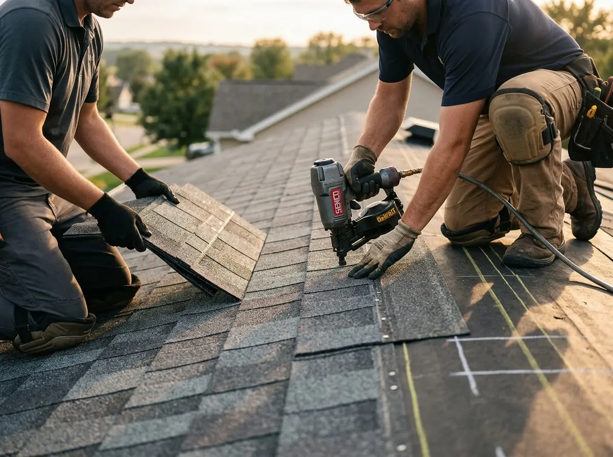 Professional roofer working on a residential roof in Lewiston